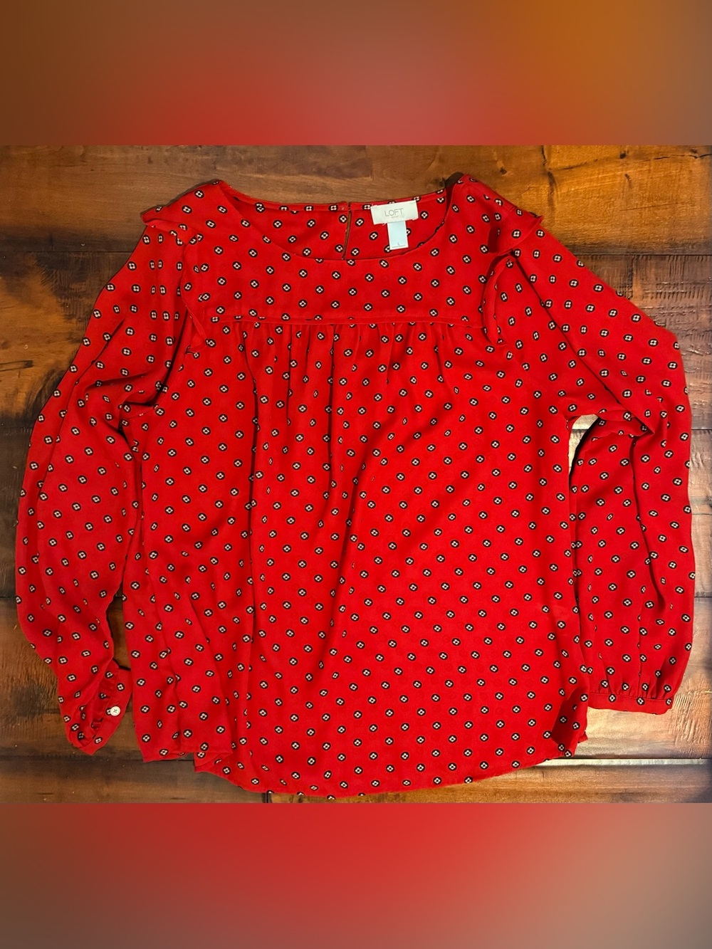 LOFT Red Long-Sleeve Printed Peasant Blouse
